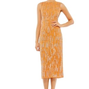 ABSTRACT BEADED SLEEVELESS MIDI SHEATH DRESS, Mac Duggal